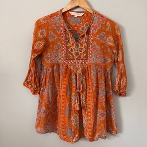 Ritu Kumar Tashi Peplum Blouse Womens XS Orange Paisley Embroidered Tassel